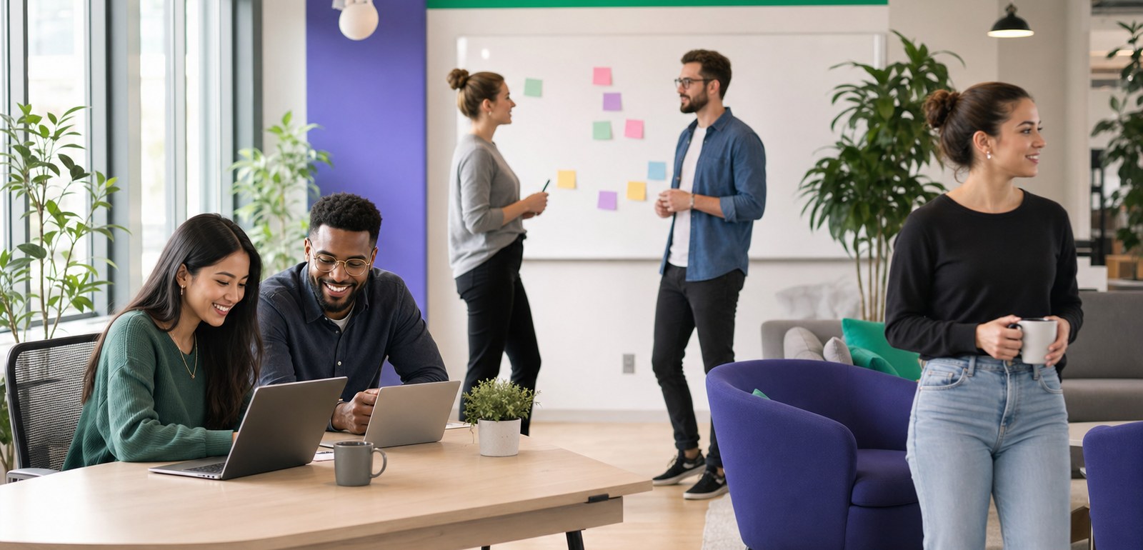 HRBlade-Team bei der Arbeit in einem hellen modernen Büro — Designer, Ingenieure und Recruiter