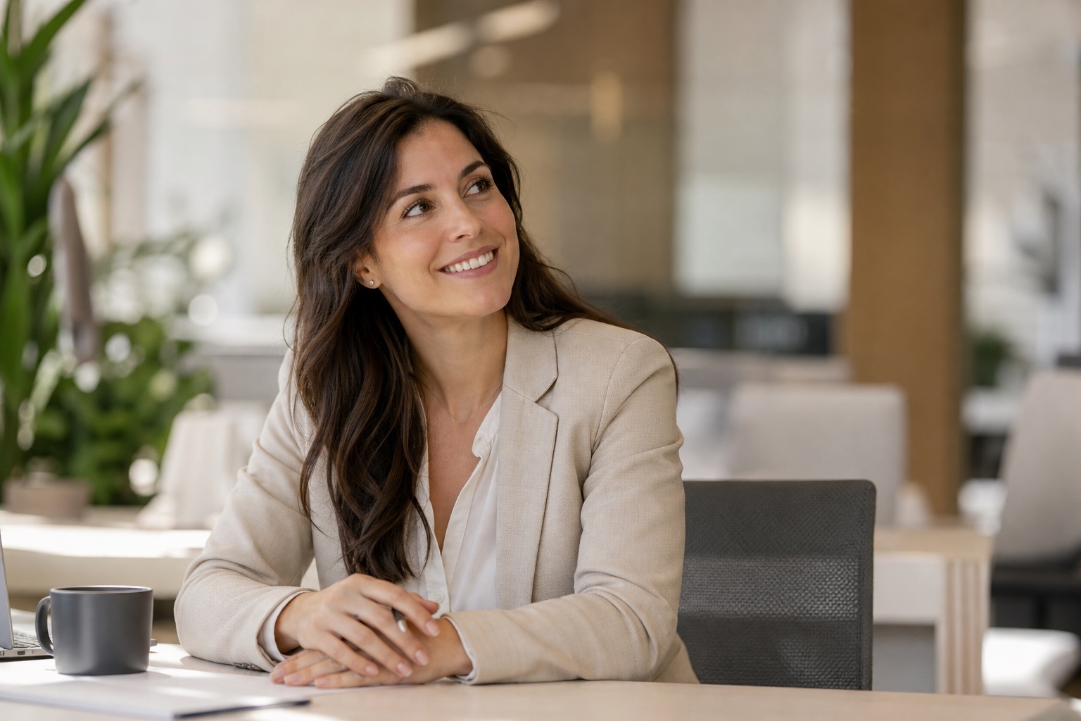 Lächelnde Recruiterin in einem modernen Büro nutzt die KI-Hiring-Plattform HRBlade